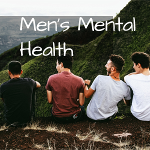 Men's Mental Health, 4 guys sit on a hill looking left and are having a good time