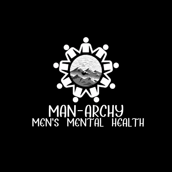 Man-Archy Logo, a wheel of people with a mountain in the center with the text: Man-Archy Men's Mental Health