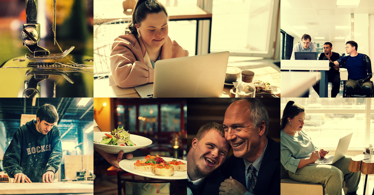 A collage of people spending time together and working along side one another