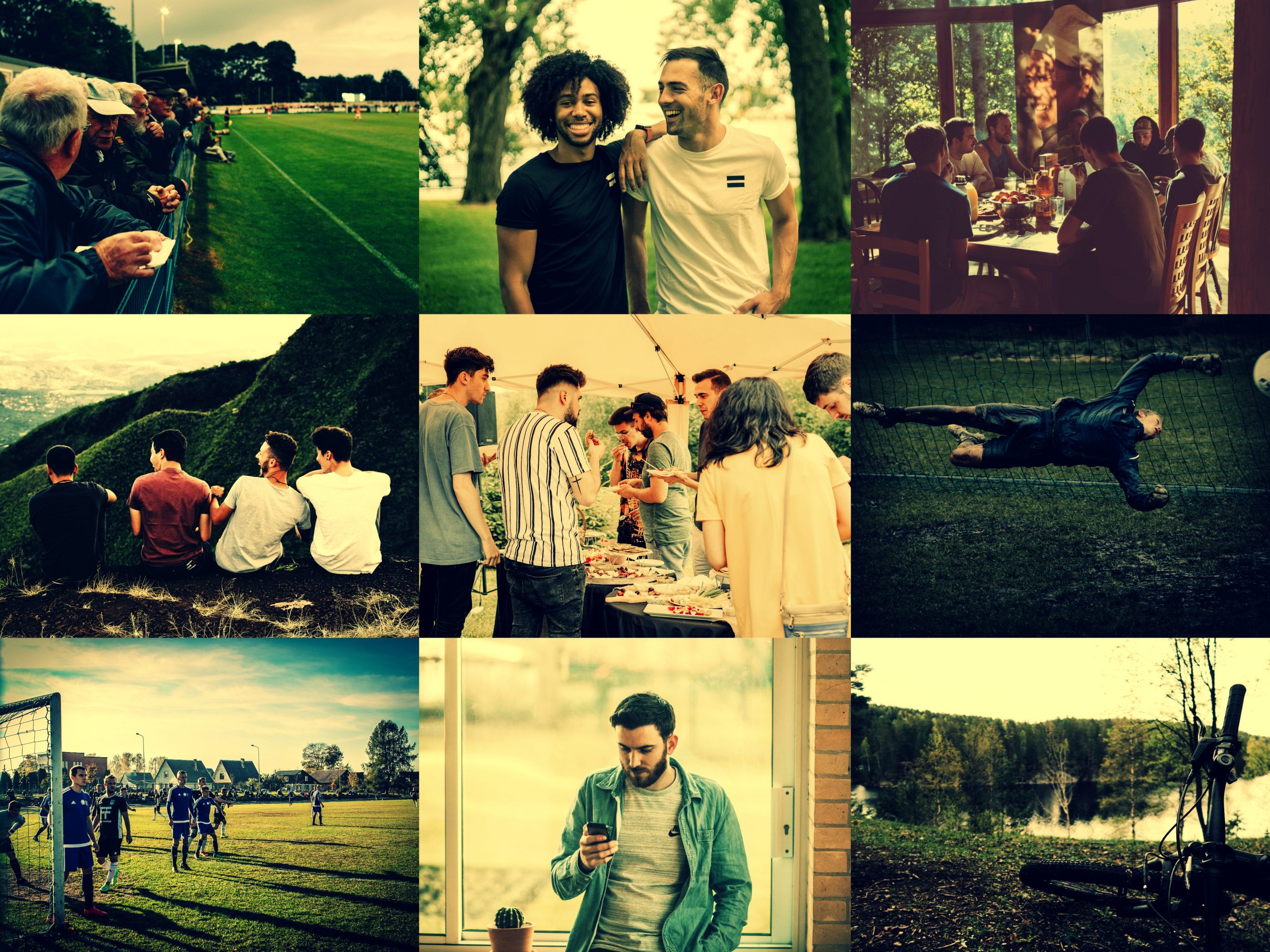A collage of individuals in different activities being together.
